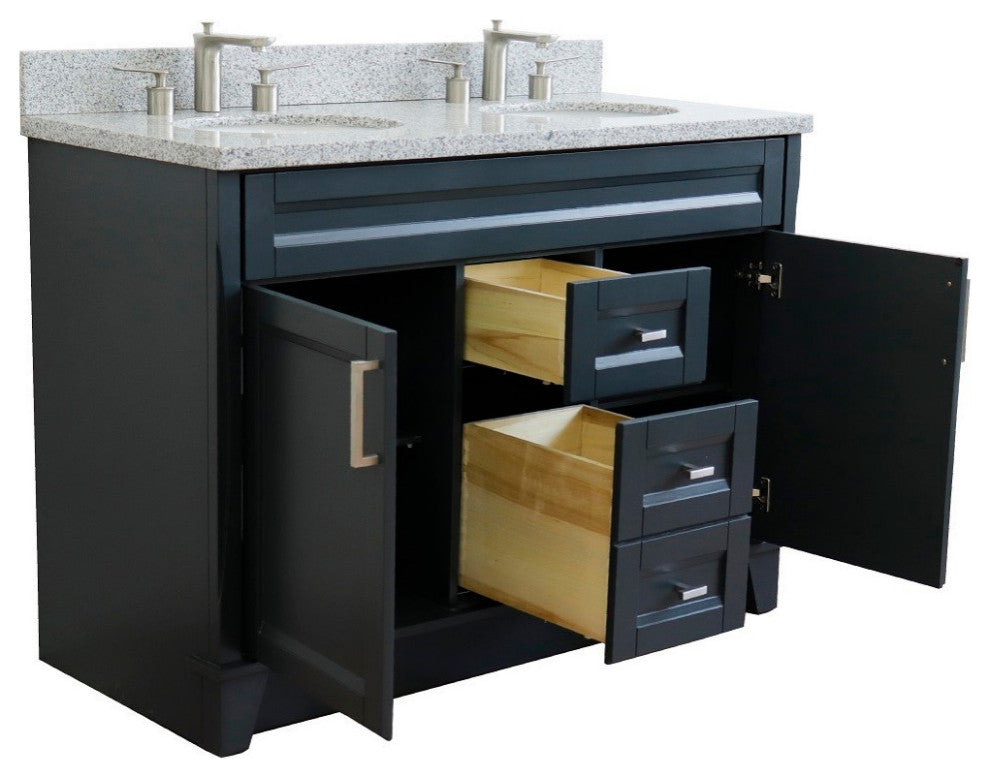 48" Double Sink Vanity, Dark Gray Finish With Gray Granite And Oval Sink