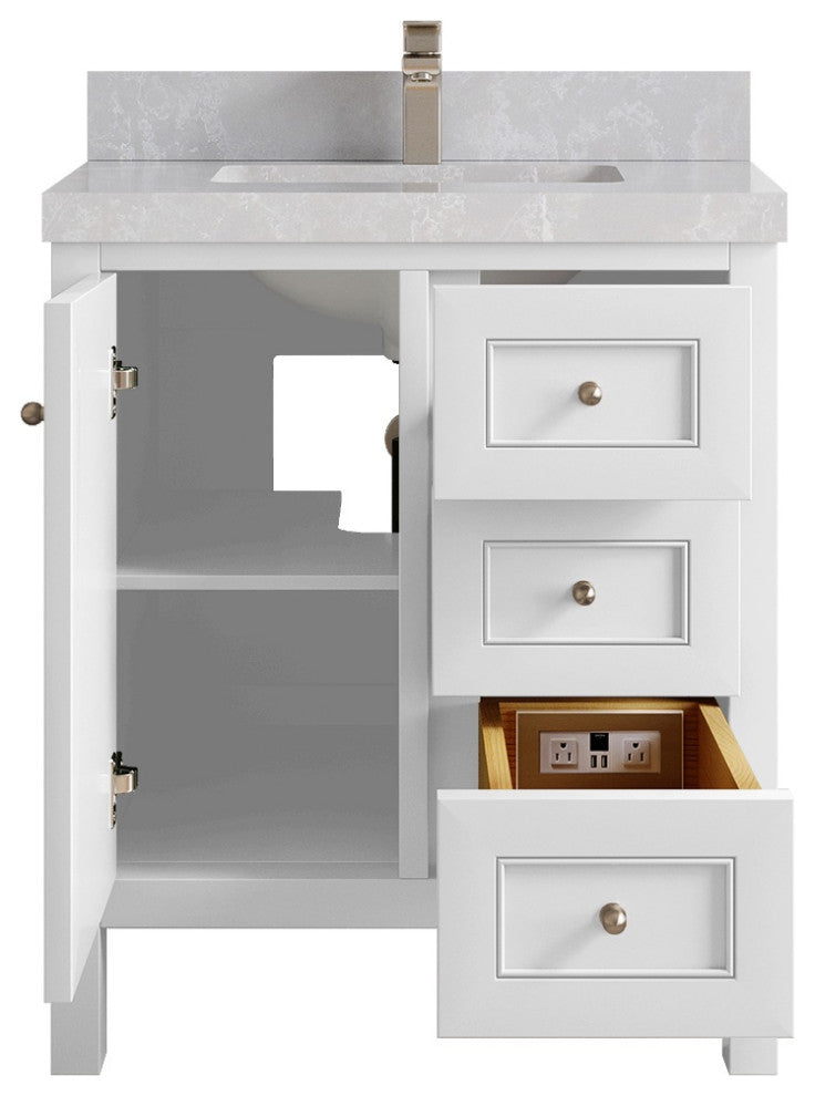 Nashville 30" Single Sink Bath Vanity, White 2" Pearl Light Gray
