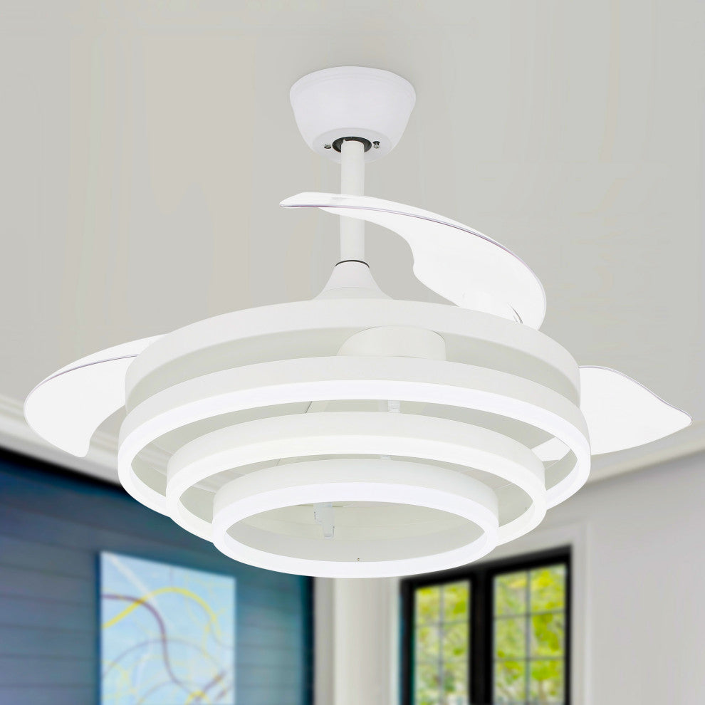 45W Modern Retractable Ceiling Fan Reversible 6-Speed with Remote Control, White, 42