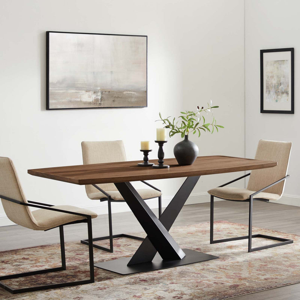Dining Table, Wood, Metal, Brown Walnut, Modern, Bistro Restaurant Hospitality