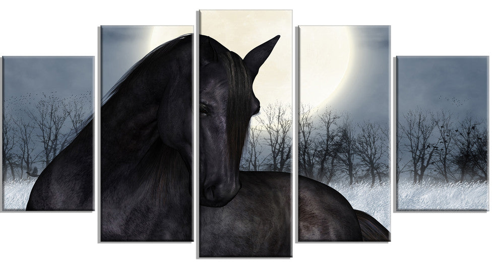 Black Horse in Moonlight, Animal Canvas Art Print, 60"x32", 5 Panels