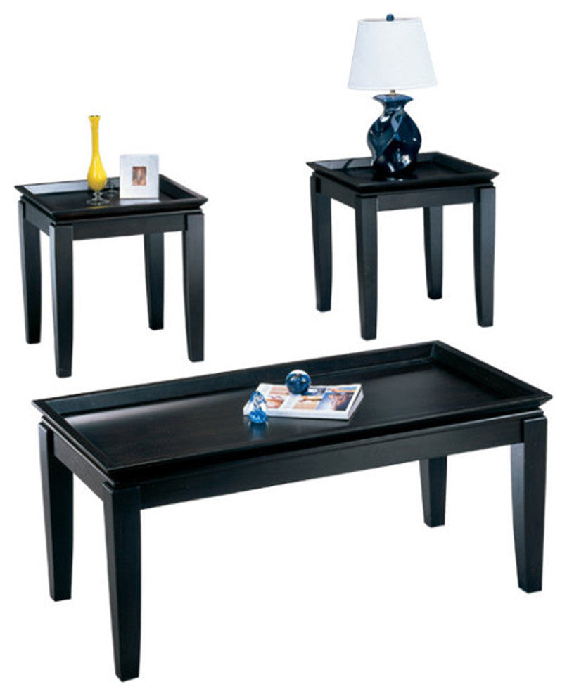 Wooden Table Set with Tray Top Design and Tapered Legs, Set of Three, Black