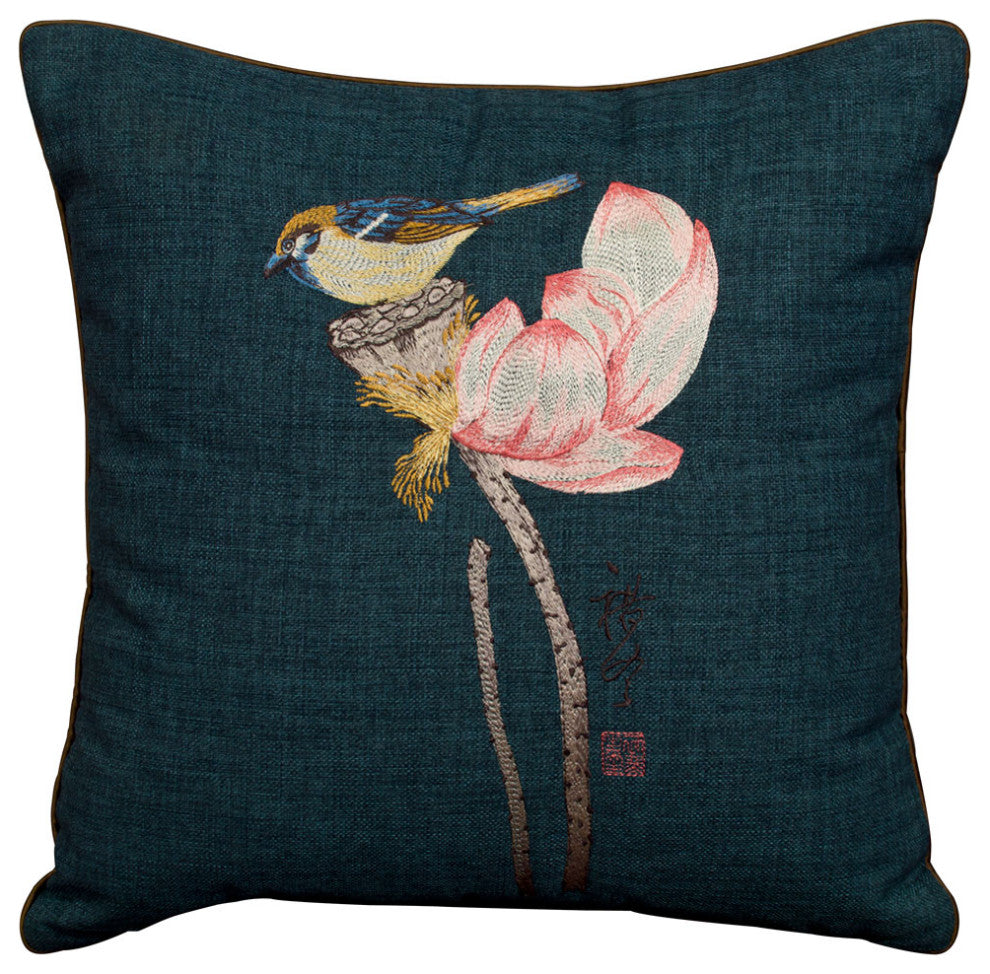 Navy Blue Chinese Linen Bird and Lotus Flower Embroidered Pillow