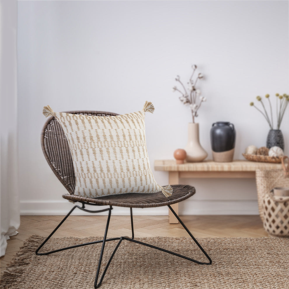 Ivory and Jute Geometric and Tasseled Throw Pillow