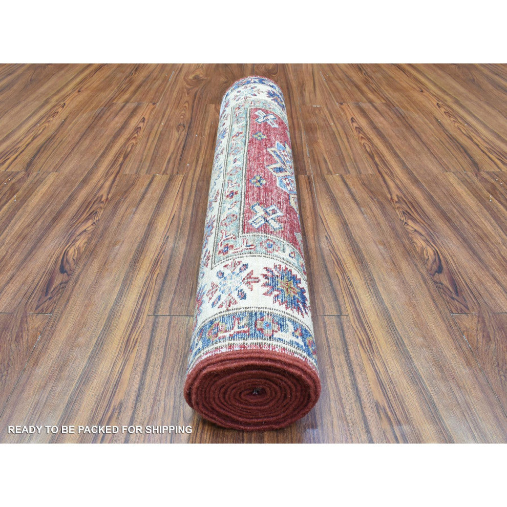 Rich Red Hand Knotted Kazak With Geometric Medallions Wool Runner Rug, 3'1"x11'
