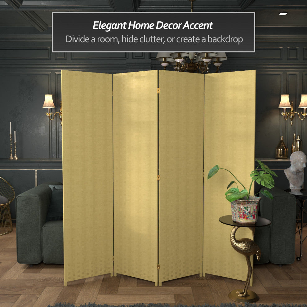 6' Tall Woven Fiber Room Divider, 4 Panel, Dark Beige