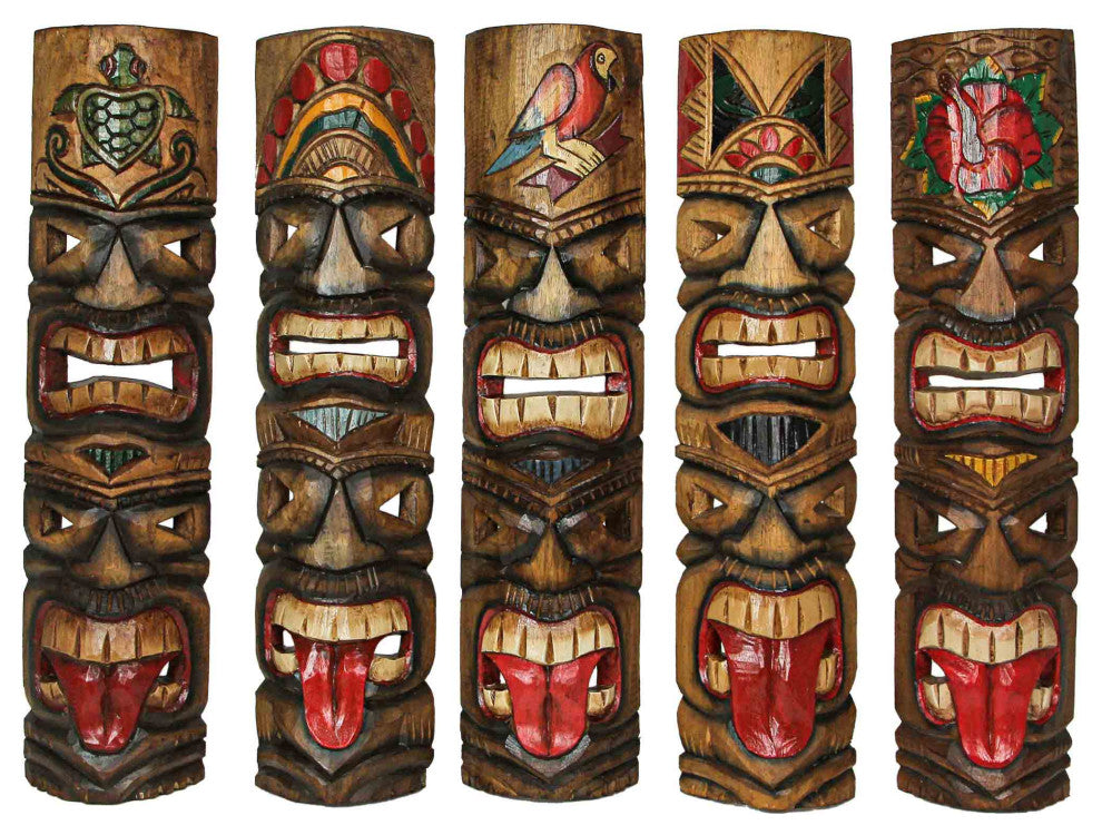 Set of 5 Double Tiki Mask Totem Wall Decor Hand Carved Tribal Sculpture 24 Inch