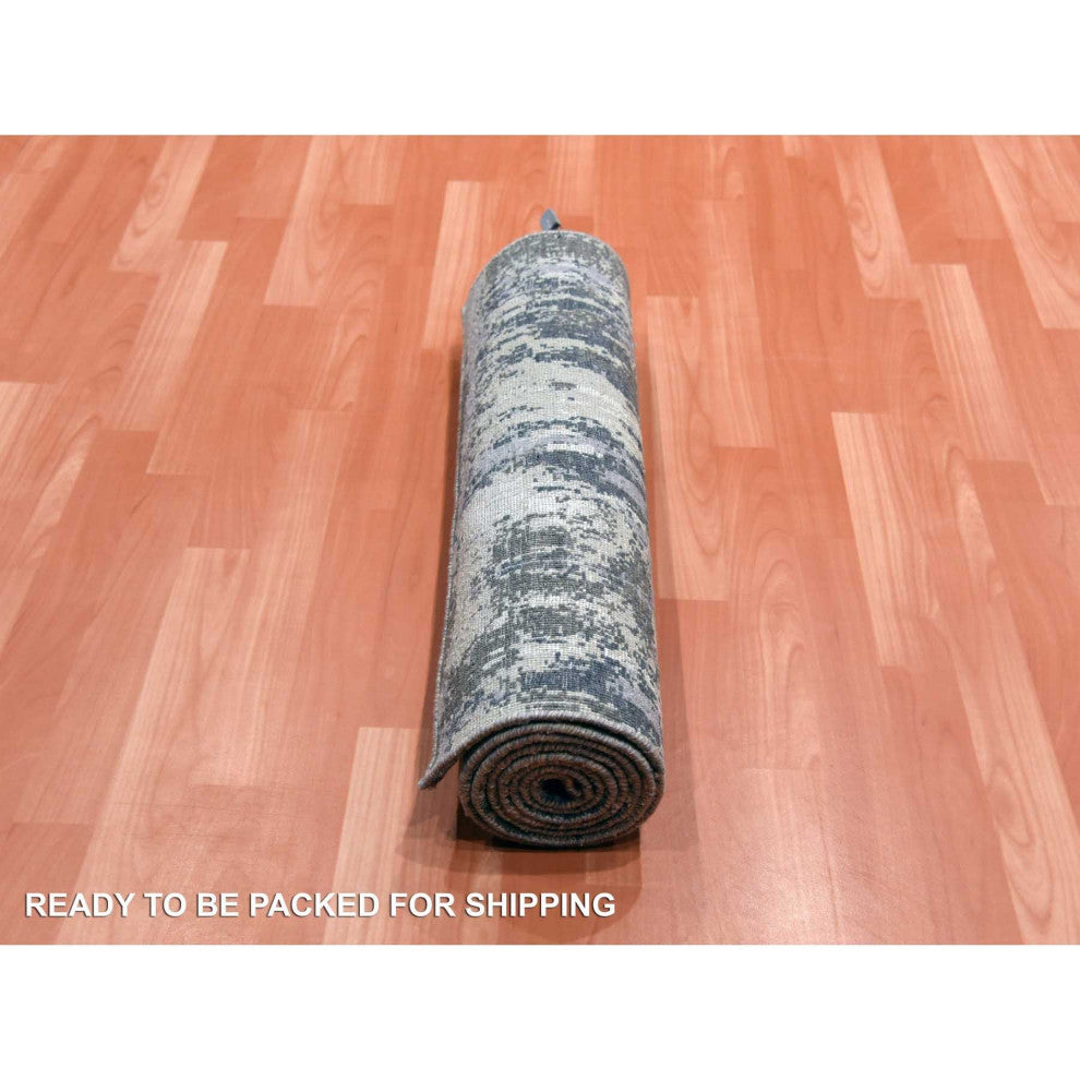 Gray Abstract Design, Wool and Silk, Hand Knotted Runner Rug, 2'6"x8'3"