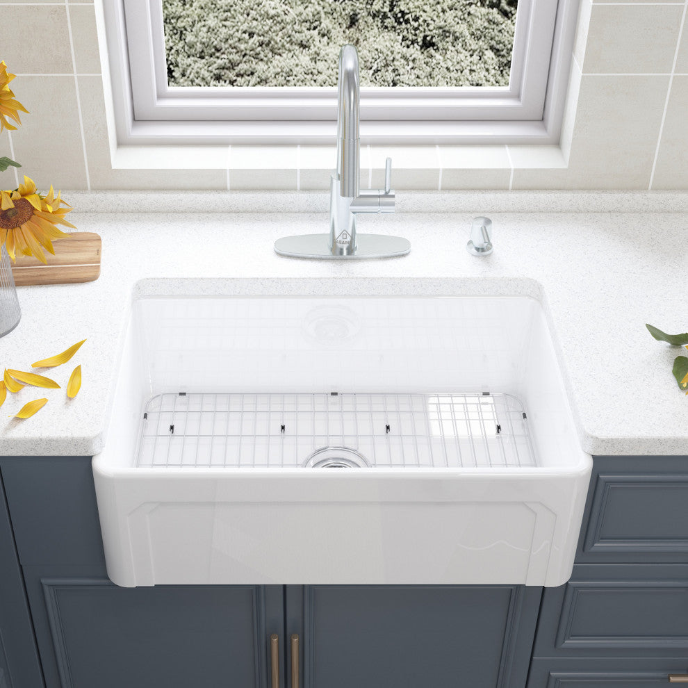 30in Single Bowl Farmhouse Apron Kitchen Sink with Bottom Grid and Strainers, 30