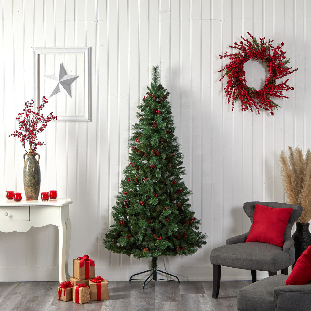 7' Flat Back Montreal Mountain Pine Faux Xmas Tree W/ Pinecones, Berries, Lights