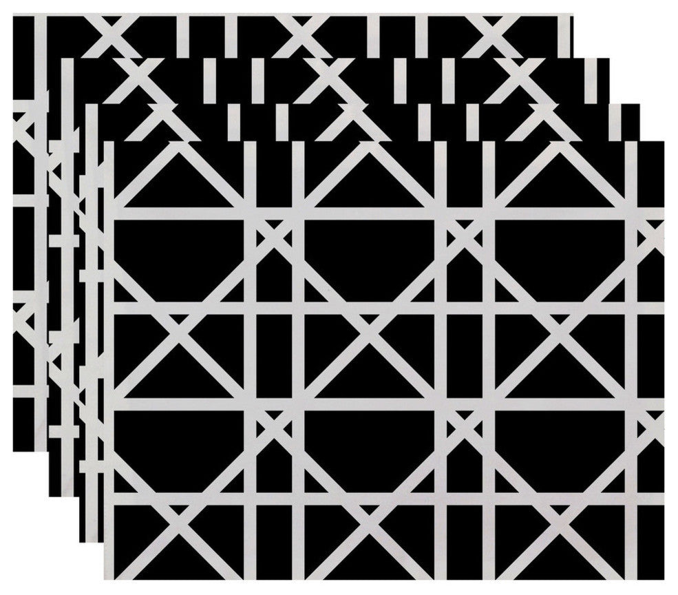 18"x14" Trellis, Geometric Print Placemat, Black, Set of 4