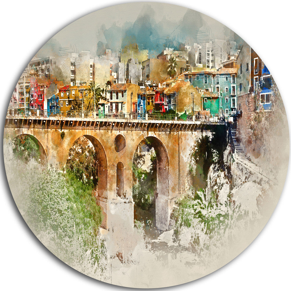 Villajoyosa City Digital Art Bridge, Cityscape Disc Metal Artwork, 36"