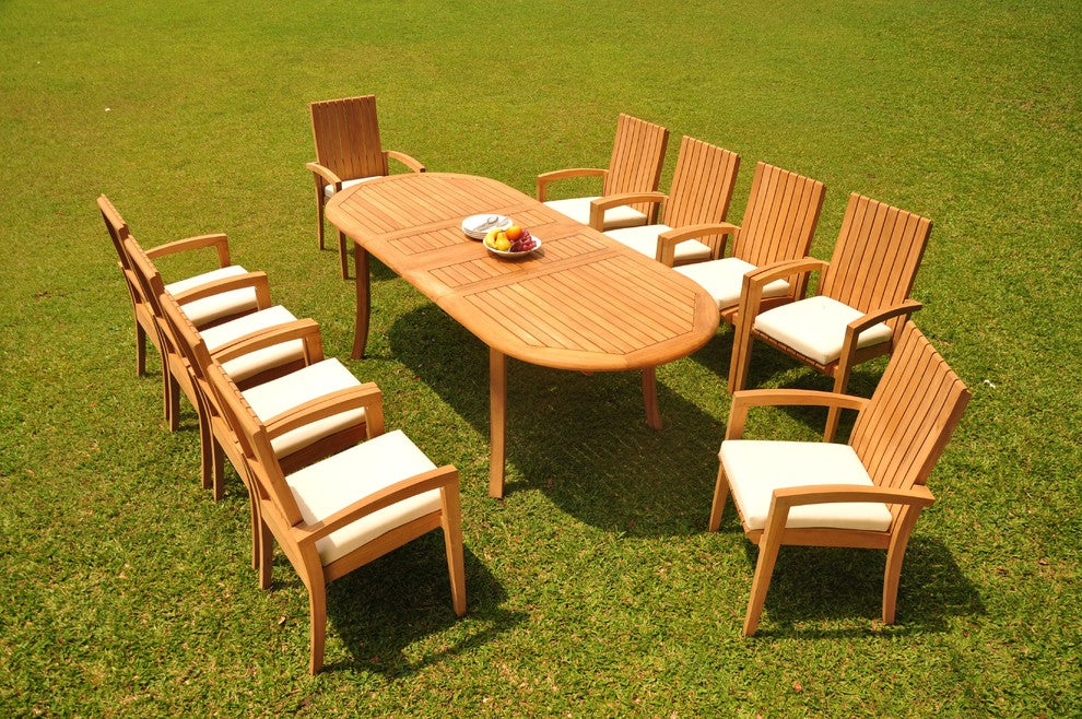 11-Piece Outdoor Teak Dining Set: 94" Oval Ext Table, 10 Goa Stacking Arm Chairs