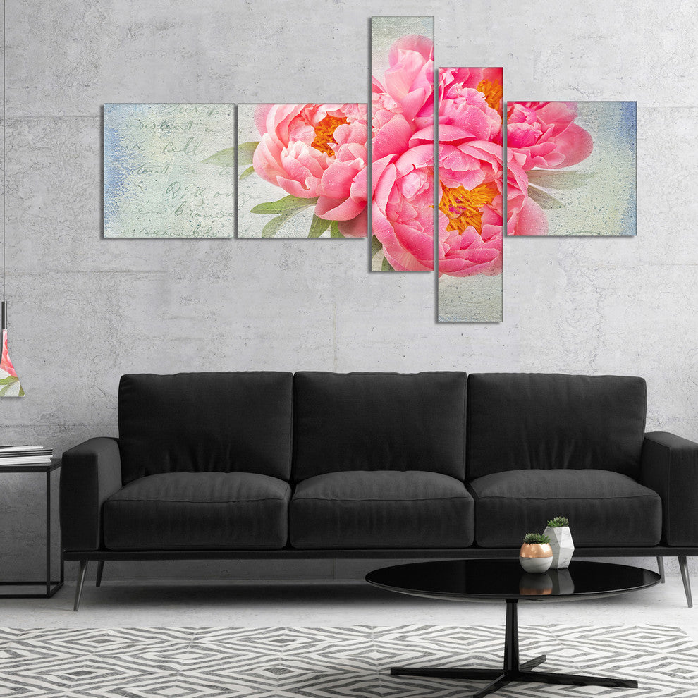 Pink Peony Flowers in White Vase, Floral Canvas Art Print, 60"x32", 5 panels