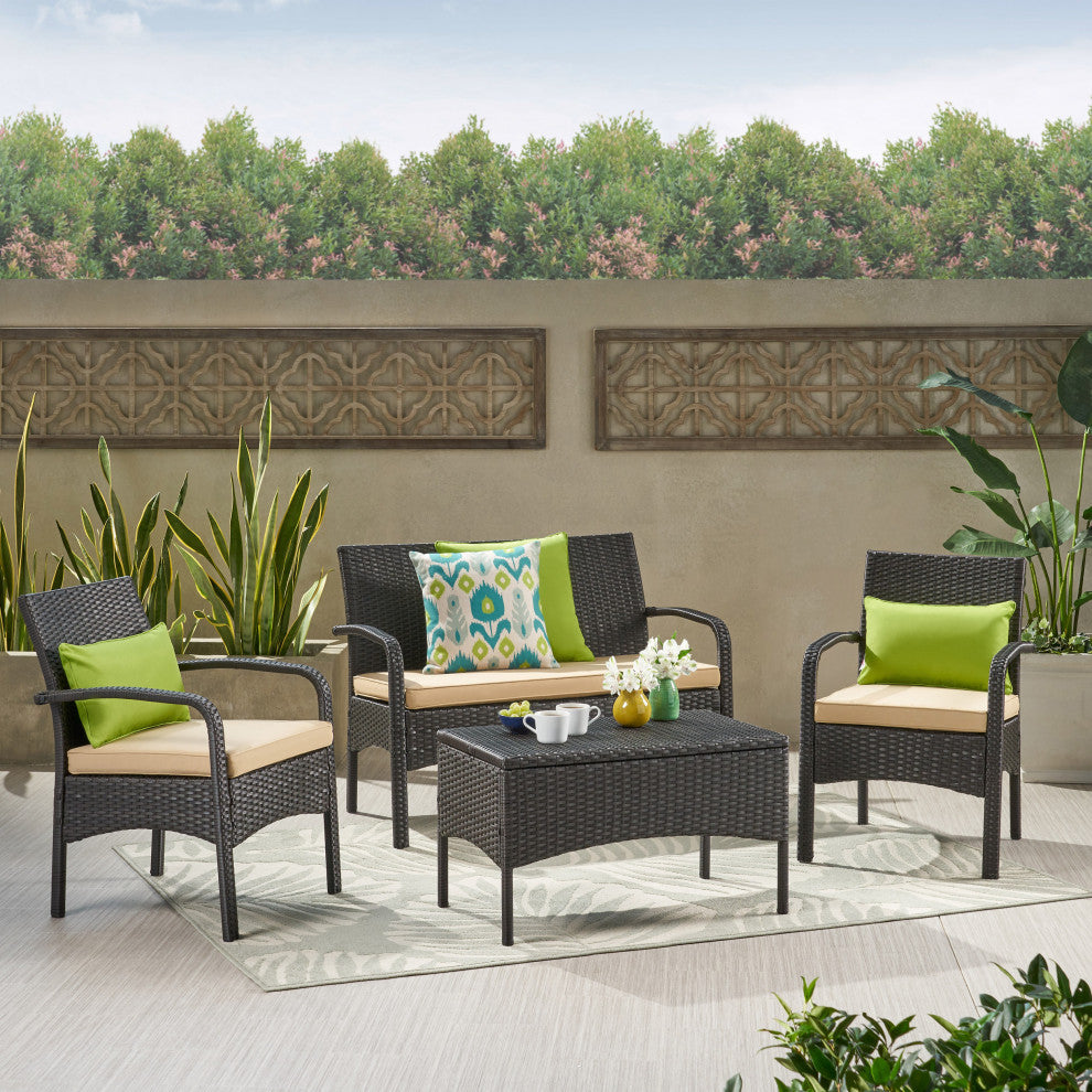 GDF Studio Kilburn Outdoor 4-Piece PE Wicker Chat Set, Multi Brown and Tan