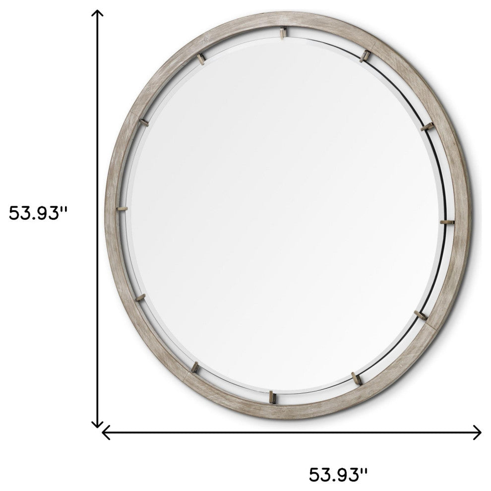 54" Brown Round Wood And Metal Framed Accent Mirror
