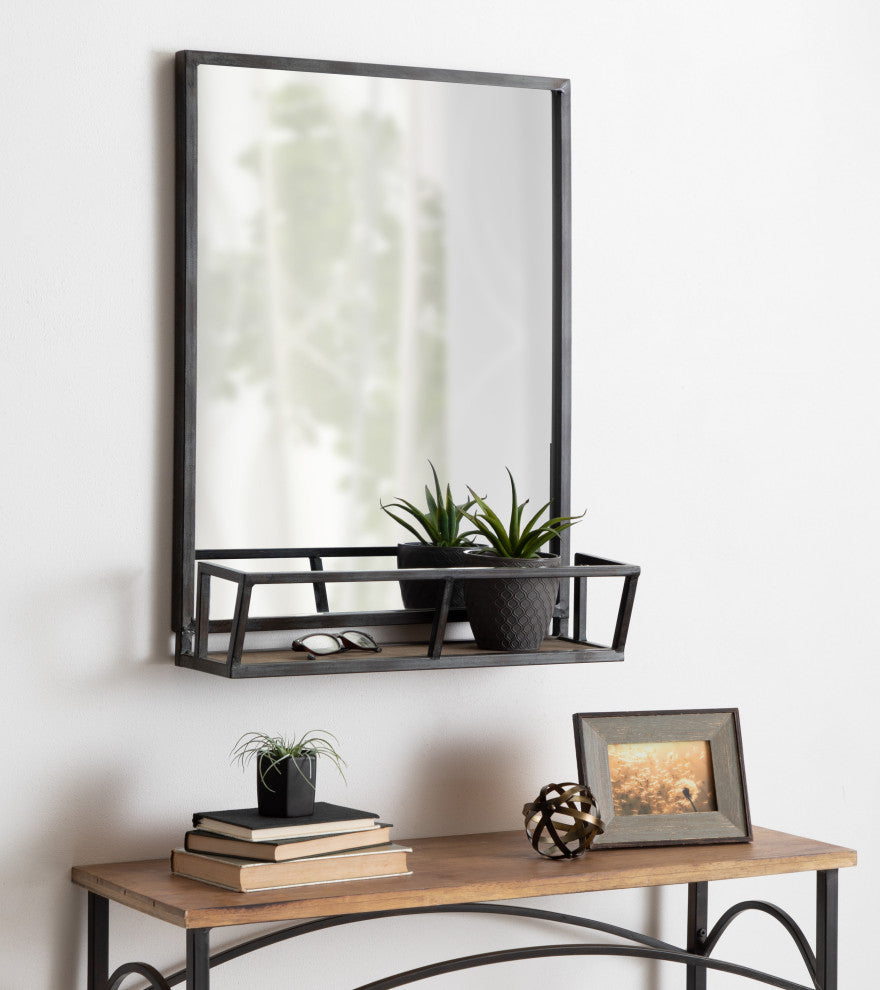 Jackson Decorative Rustic Metal Home Organizer Mirror with Shelf, Black