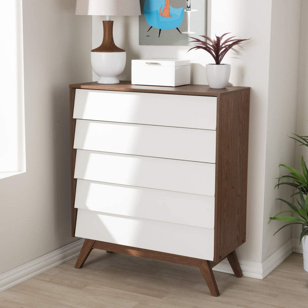 Mid-Century Modern White and Walnut Wood 5-Drawer Storage Chest