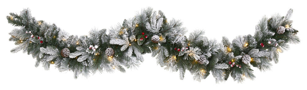 6' Flocked Mixed Pine Faux Xmas Garland W/ 50 LED Lights, Pine Cones and Berries