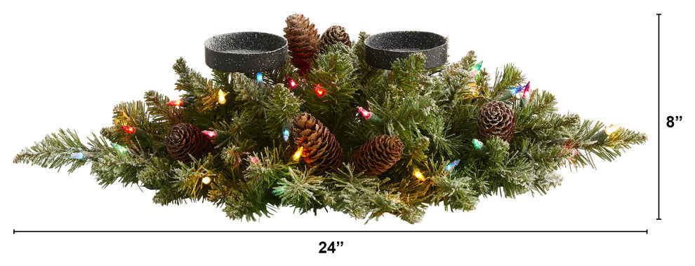 24ï¿½ Flocked Christmas Double Candelabrum / 35 Multi Lights and Pine Cones