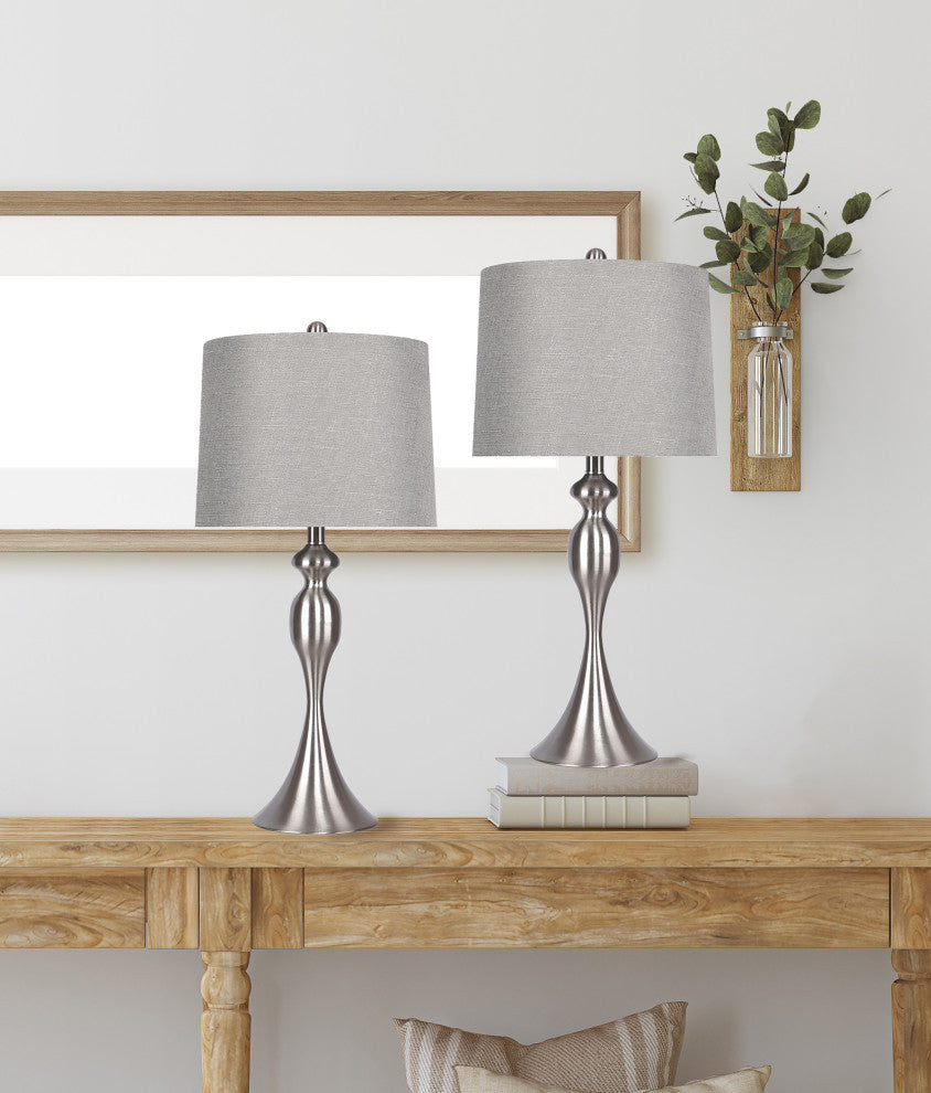 27" Curvy Brushed Nickel Table Lamps, Gray Textured Slub Linen Shades, Set of 2