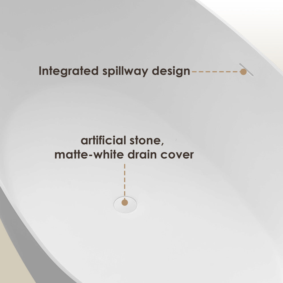 Giotto Flatbottom Freestanding Solid Surface Soaking Bathtub, Matte White, 67inch