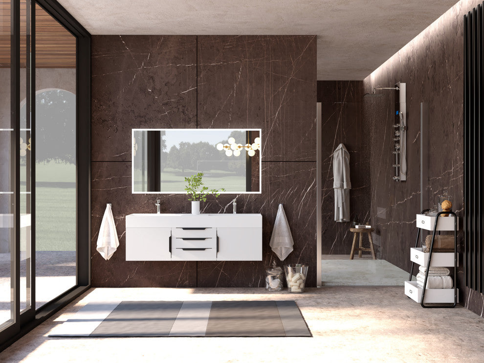 CastelloUSA Amazon 60" Wall Mounted Bathroom Vanity Set, White, White Top, Black Handles