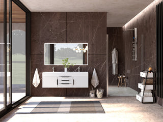 CastelloUSA Amazon 60" Wall Mounted Bathroom Vanity Set, White, White Top, Black Handles
