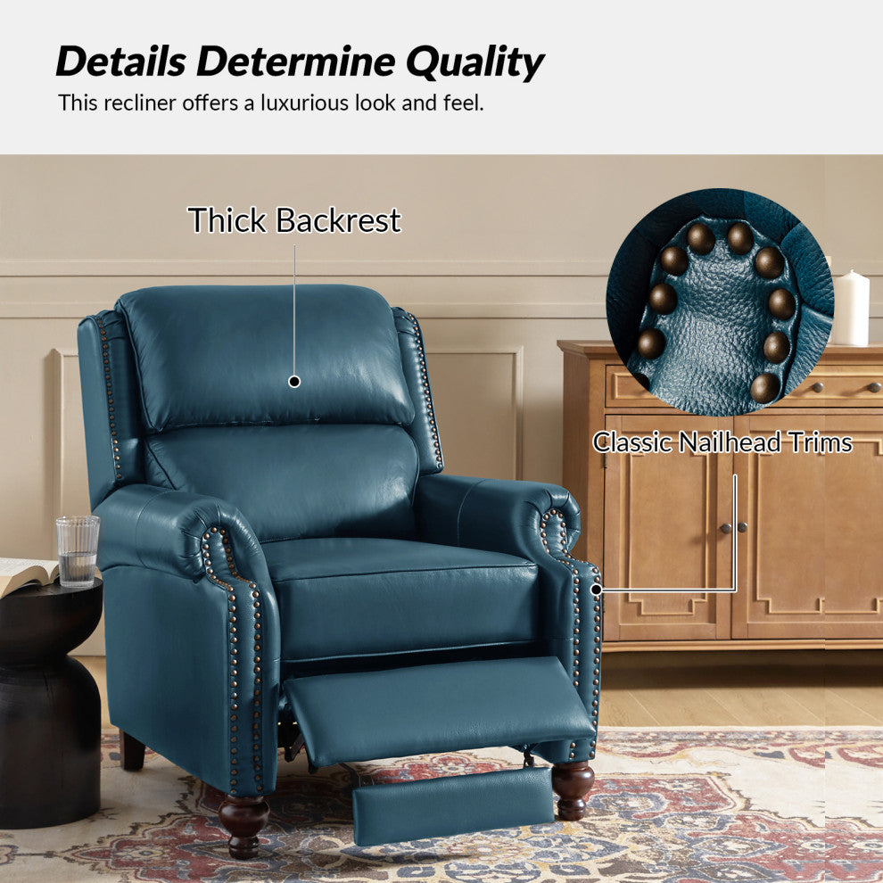 Genuine Leather Cigar Recliner With Nail Head Trim, Turquoise