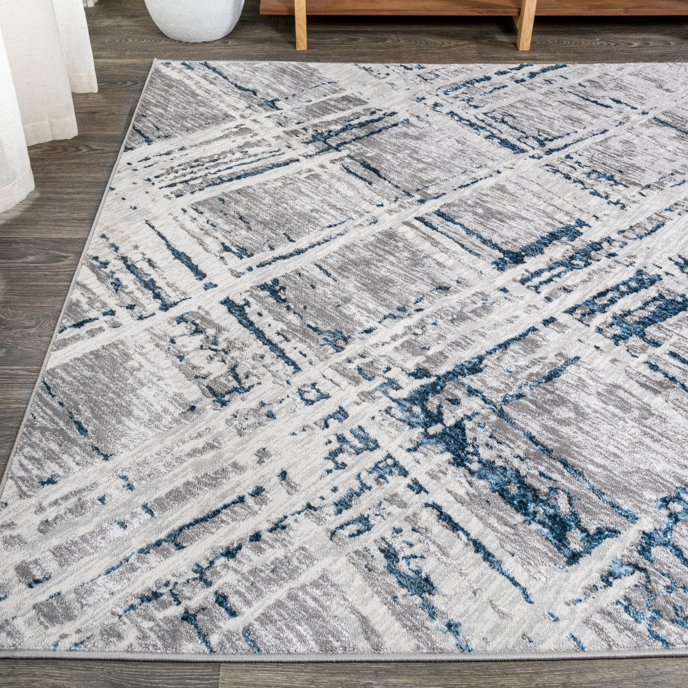 Slant Modern Abstract Area Rug, Gray/Blue, 5 X 8