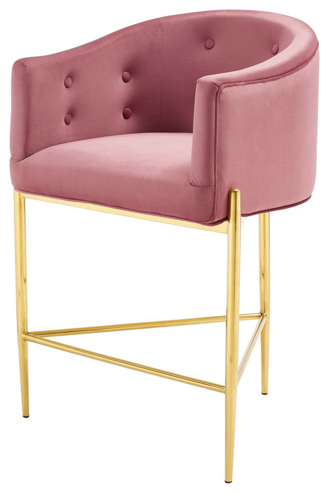 Tufted Counter Stool Chair, Velvet, Metal, Pink, Bar Pub Cafe Bistro Restaurant