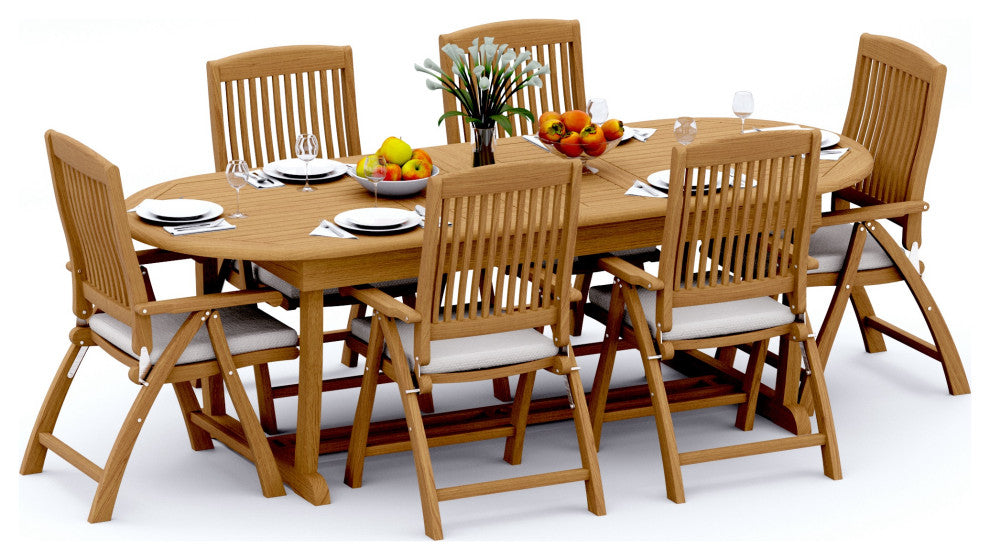 7-Piece Outdoor Teak Dining Set: 94" Masc Oval Table & 6 Marley Reclining Chairs