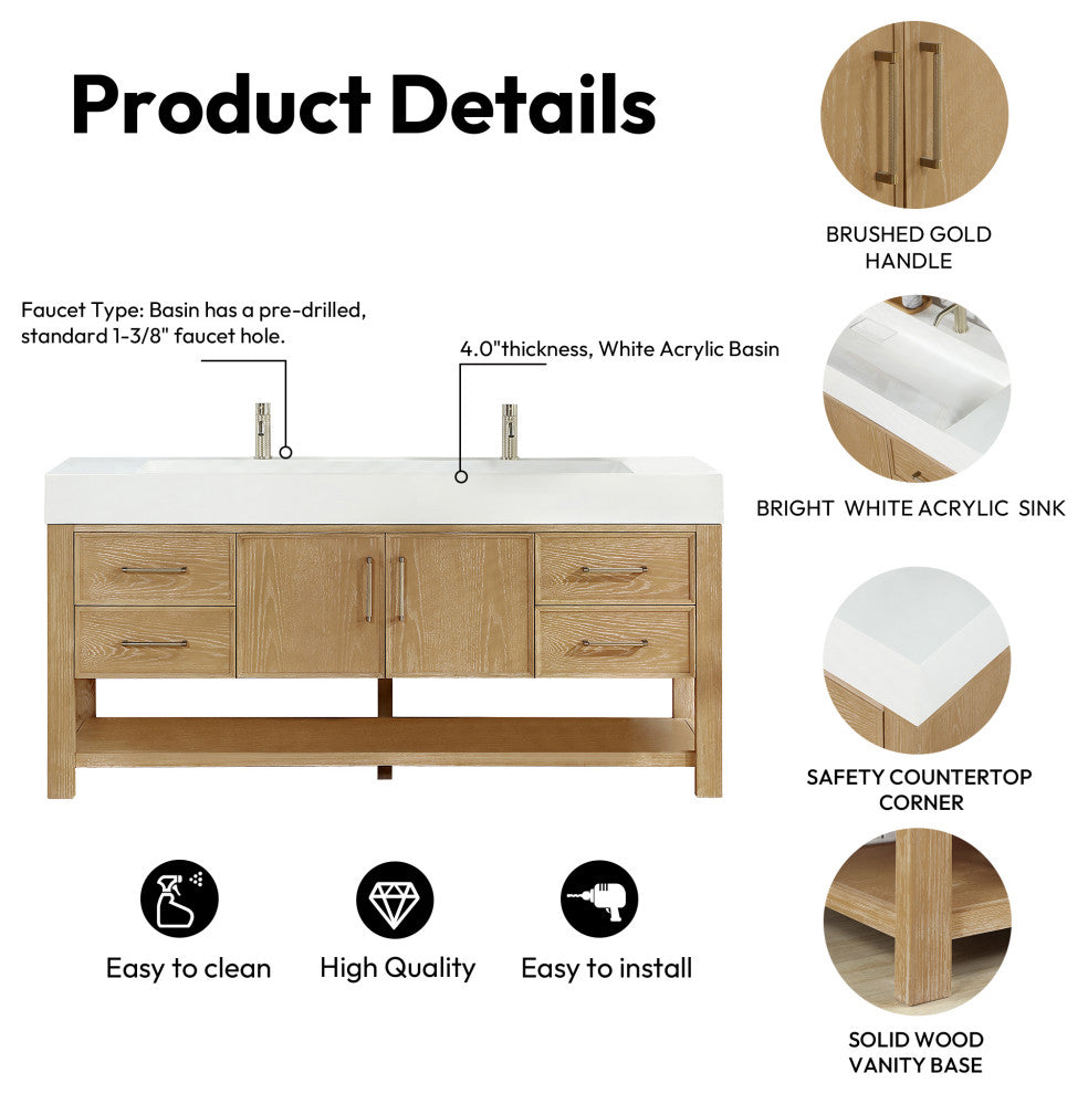 Vera Bath Vanity with Stone Top, Washed Ash Grey, 72", Single Vanity, No Mirror