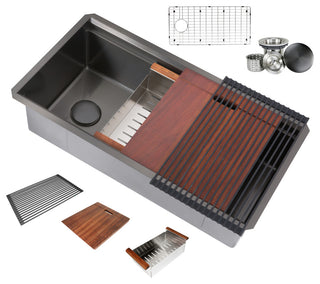 Workstation 32" Undermount Single Bowl Black Stainless Steel Kitchen Sink