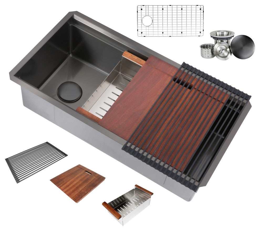 Workstation 32" Undermount Single Bowl Black Stainless Steel Kitchen Sink