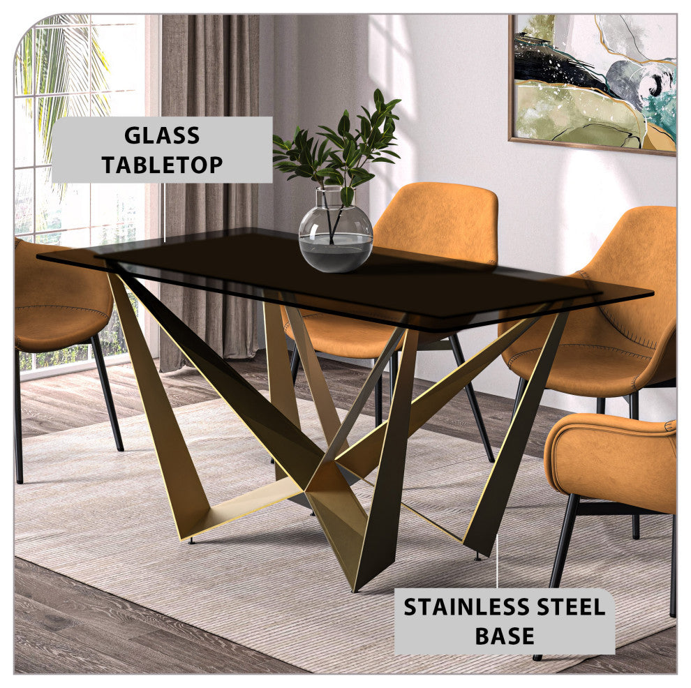 LeisureMod Nuvor Dining Table With Rectangular Top and Gold Steel Base, Black, 55 Inch