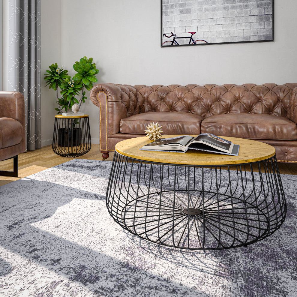 LeisureMod Runswick Round Coffee Table With Black Wire Steel Frame, Natural Wood
