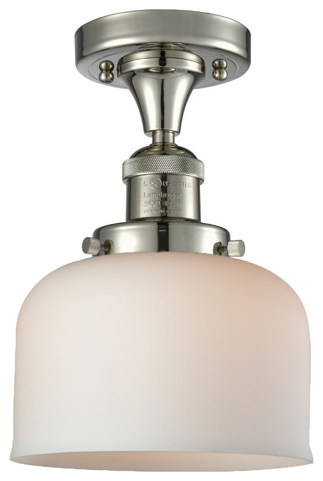Large Bell LED Semi-Flush Mount, Polished Nickel, Glass: White Cased
