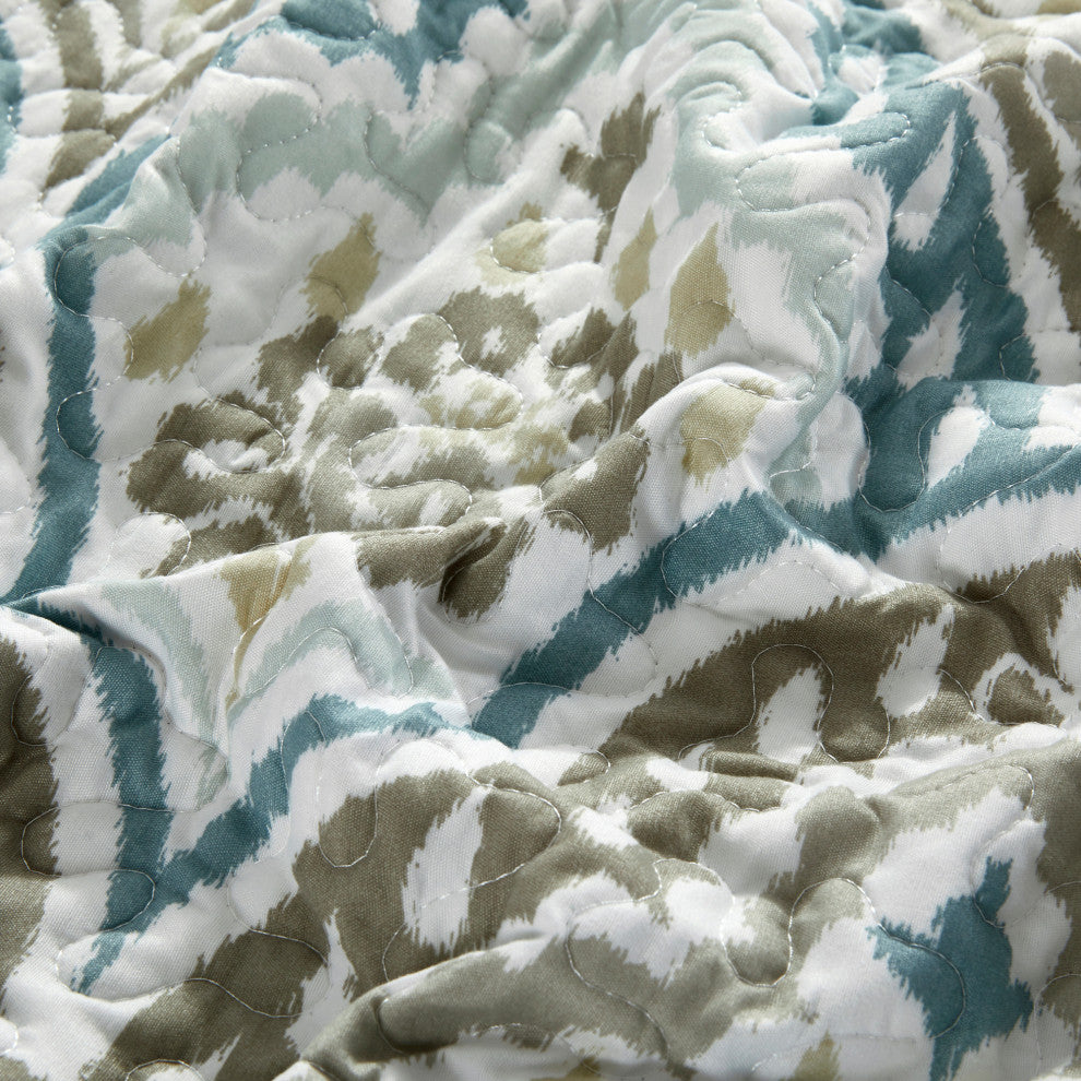 Tivoli Ikat Quilted 5 Piece Bed Spread Set, Teal Aqua, Floor Touching King