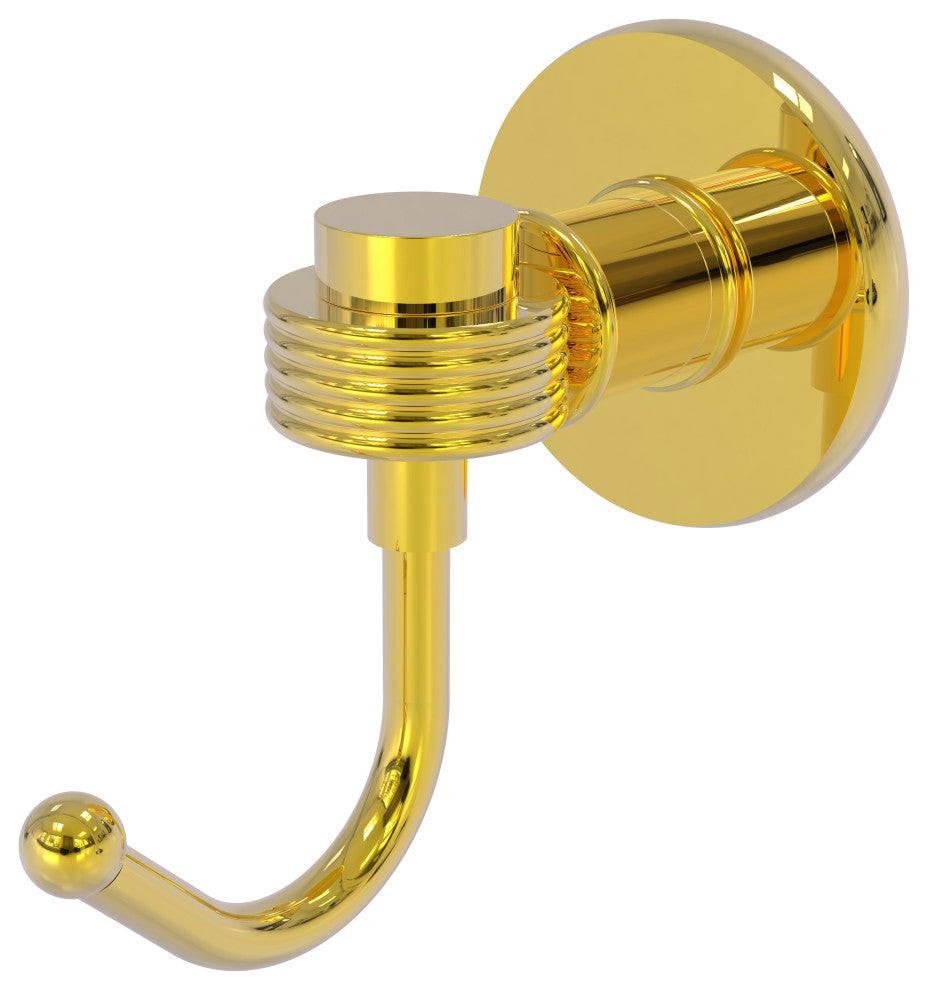 Continental Robe Hook With Groovy Accents, Polished Brass