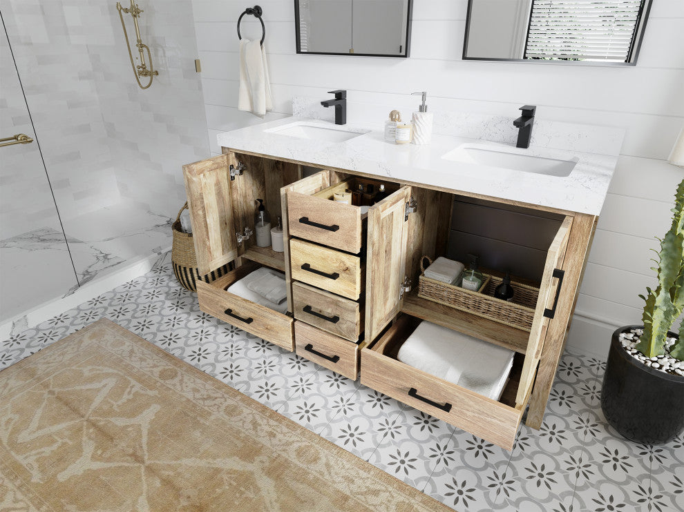 Malibu Mango 60 Double Sink Bathroom Vanity in White Washed 2" Carrara Quartz
