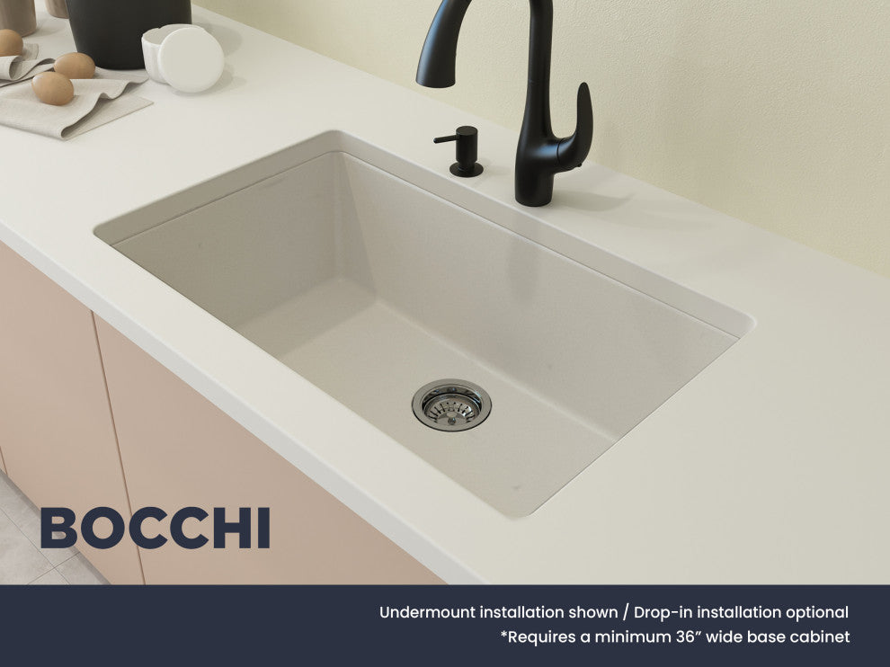 BOCCHI 1604-507-0126 Granite 33" 1 Bowl Kitchen Sink with Strainer in Milk Whit