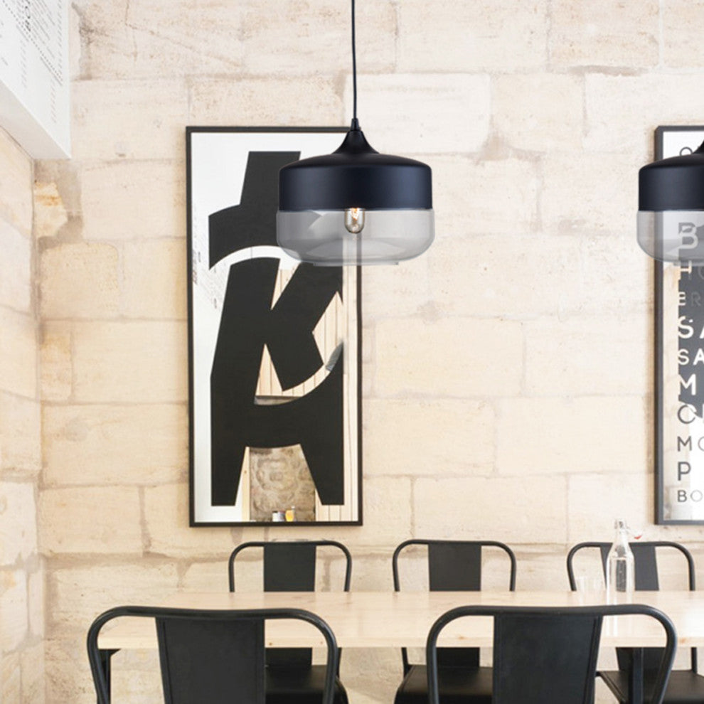 1-Light 10" Matte Black Metal Pendant With A Glass Shade