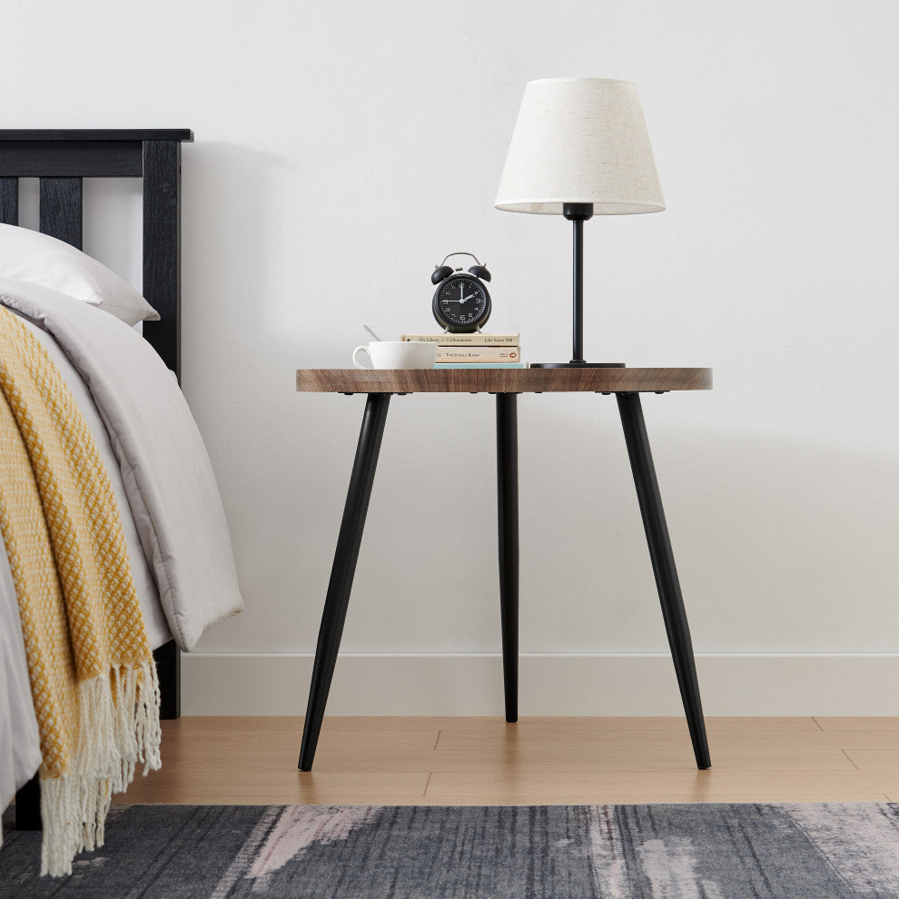 Danya B. Paxton Side Table With Modern Black Metal Taper Legs Round Walnut