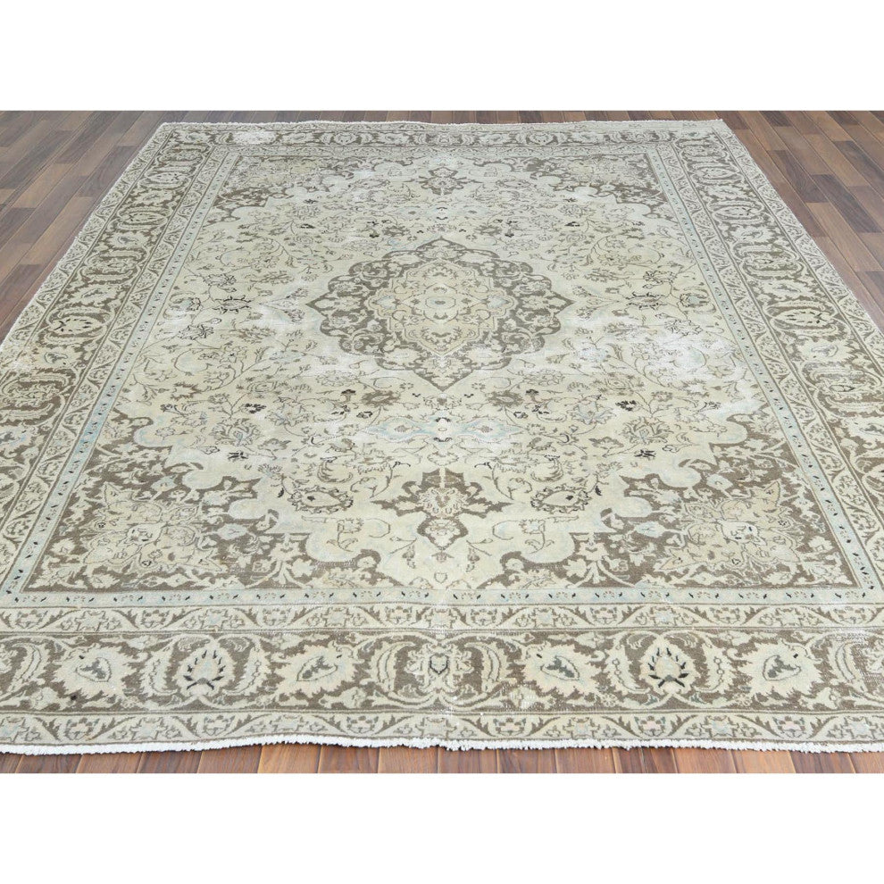 Ivory Hand Knotted Vintage Persian Kashan Worn Wool Oriental Rug 7'7" x 10'1"