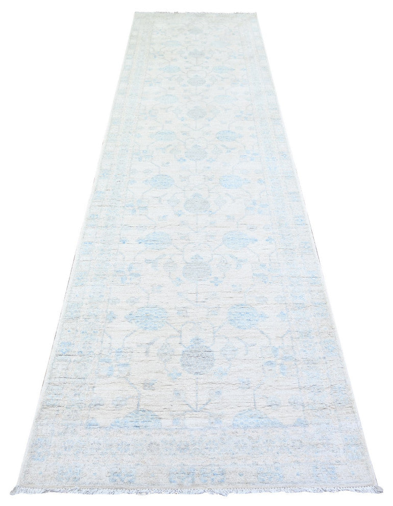 Ivory Washed Out Peshawar Wool Hand Knotted Runner Rug, 3'1"x11'7"