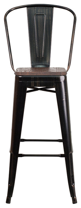 30" High Metal Barstool With Back and Wood Seat, Black-Antique Gold