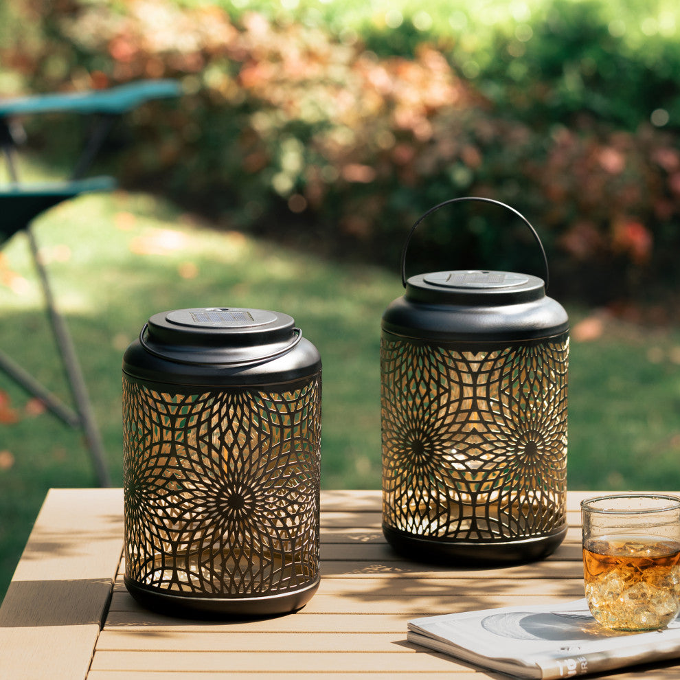 Metal Cutout Solar Powered Hanging Lantern, 2-Piece Set