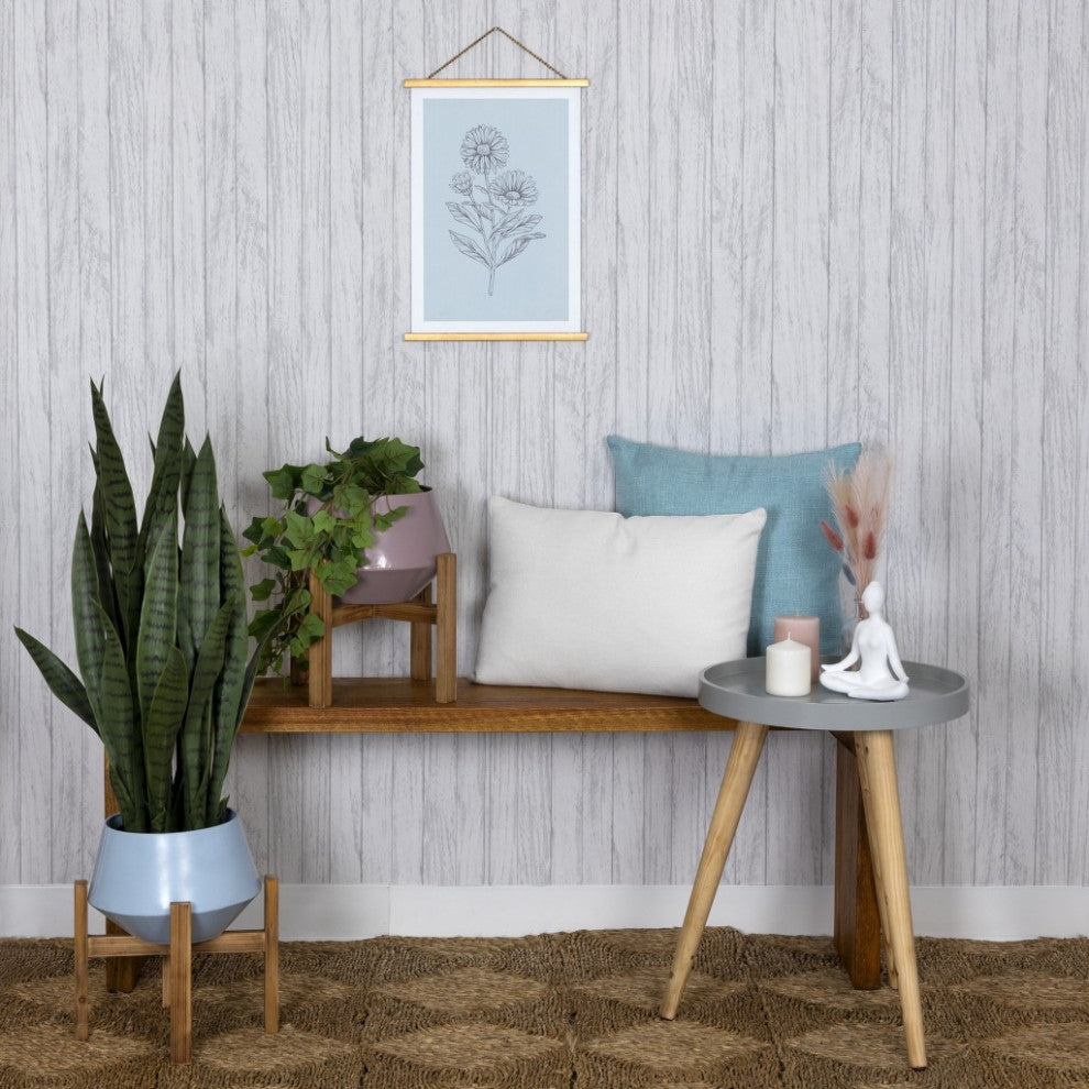 Blue Hexagonal Planter With Wooden Base