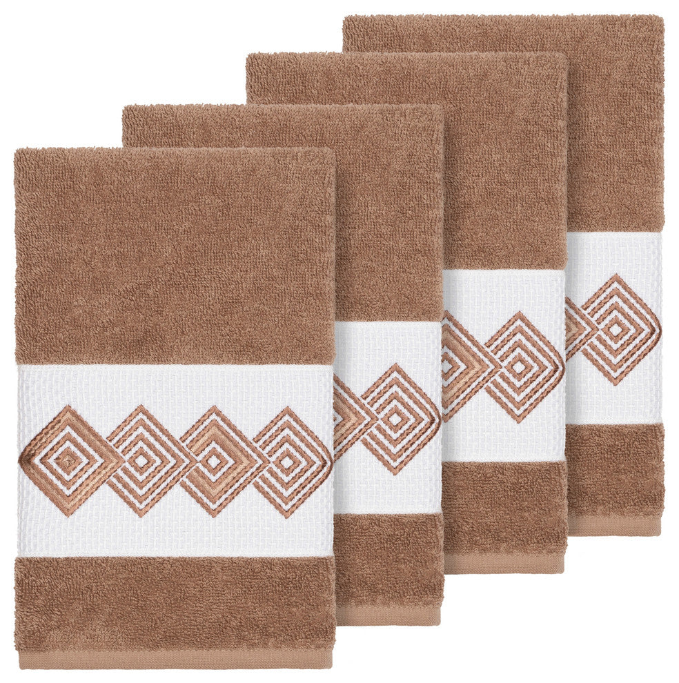 Linum Home Textiles Noah Embellished, Latte, Hand Towel, 4-Piece Set